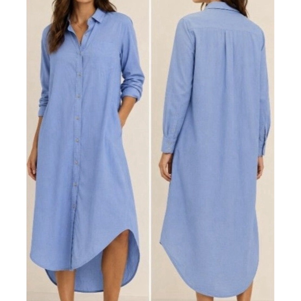 Anthropologie Maeve Longline Buttondown Shirt Dress Blue Plus Size 1X Cotton